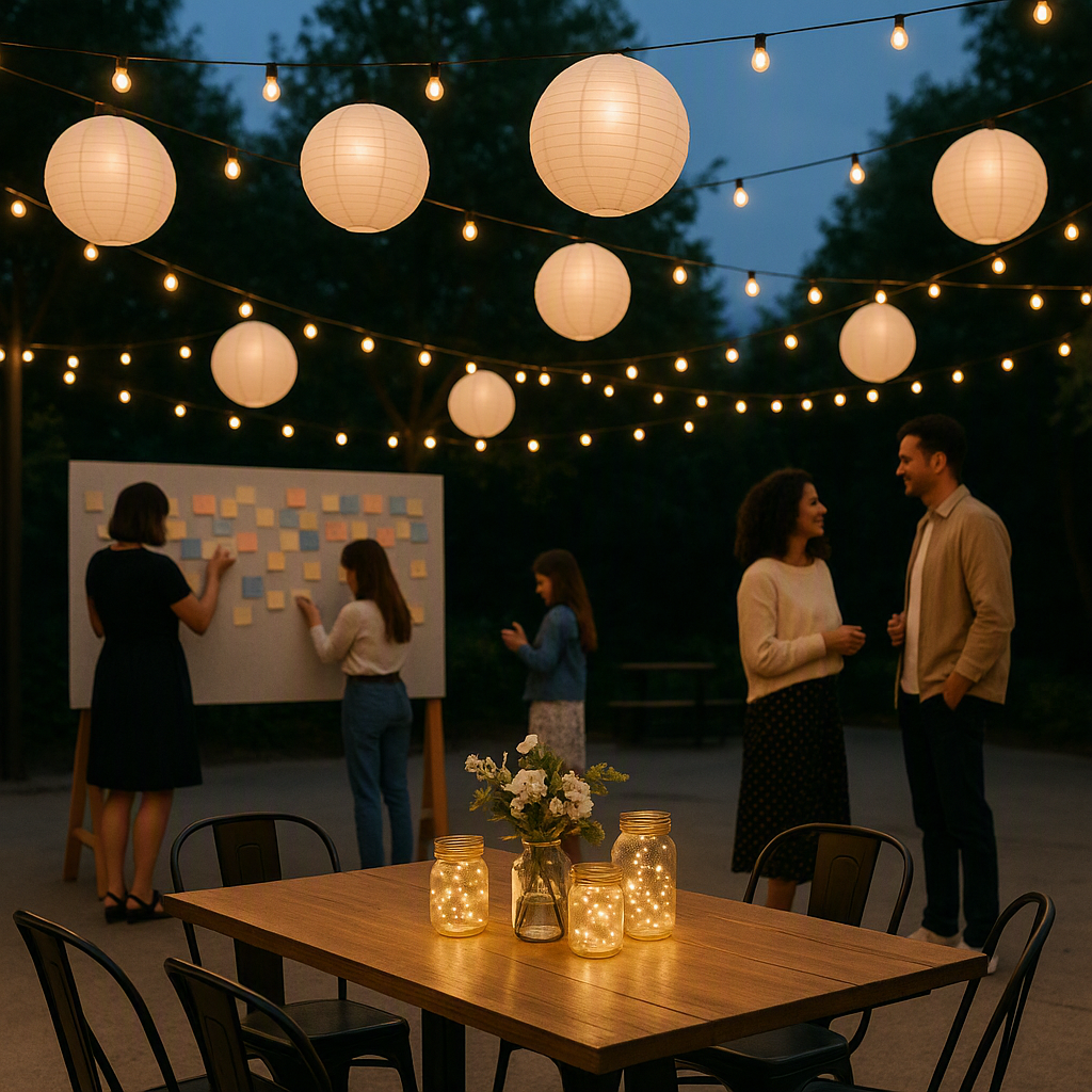 An elegant community event setup: DIY paper lanterns hanging under a string-lit outdoor space, attendees enjoying activi...