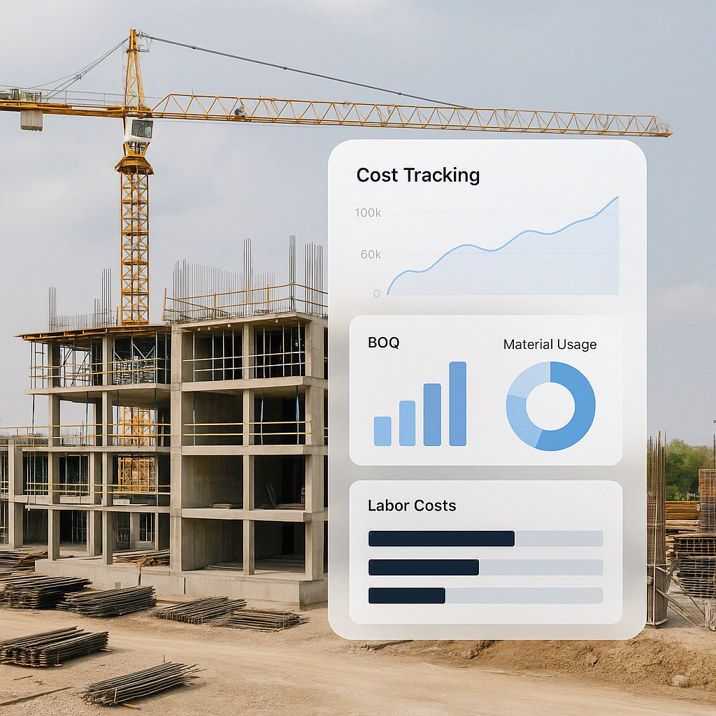 A construction project site with a digital dashboard overlay showing real-time cost tracking, including charts for BOQ,...