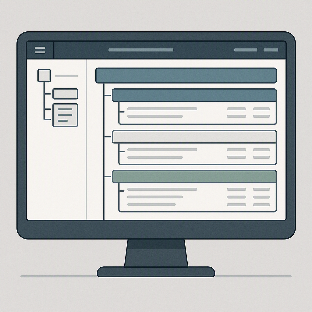 A detailed illustration of a construction project dashboard displaying a hierarchical BOQ structure, with sections, sub-...