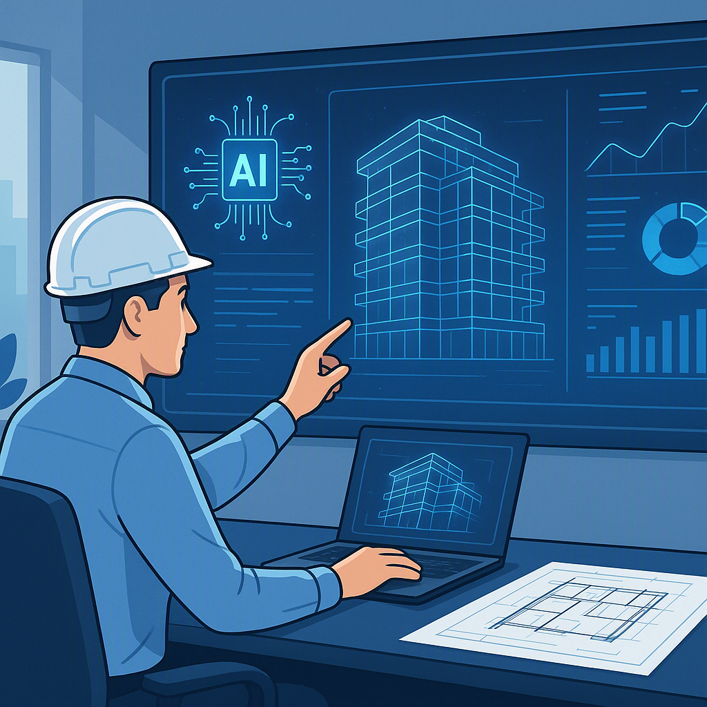 A detailed illustration of a construction estimator in an office using a futuristic AI-powered platform with digital blu...
