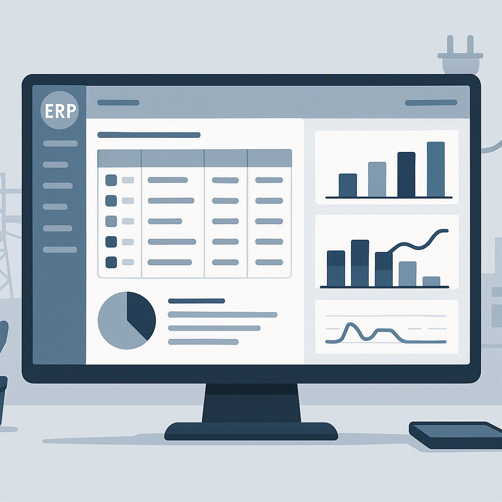 A detailed illustration of an electrical contractor's project dashboard on an ERP system, showing BOQs, billing progress...
