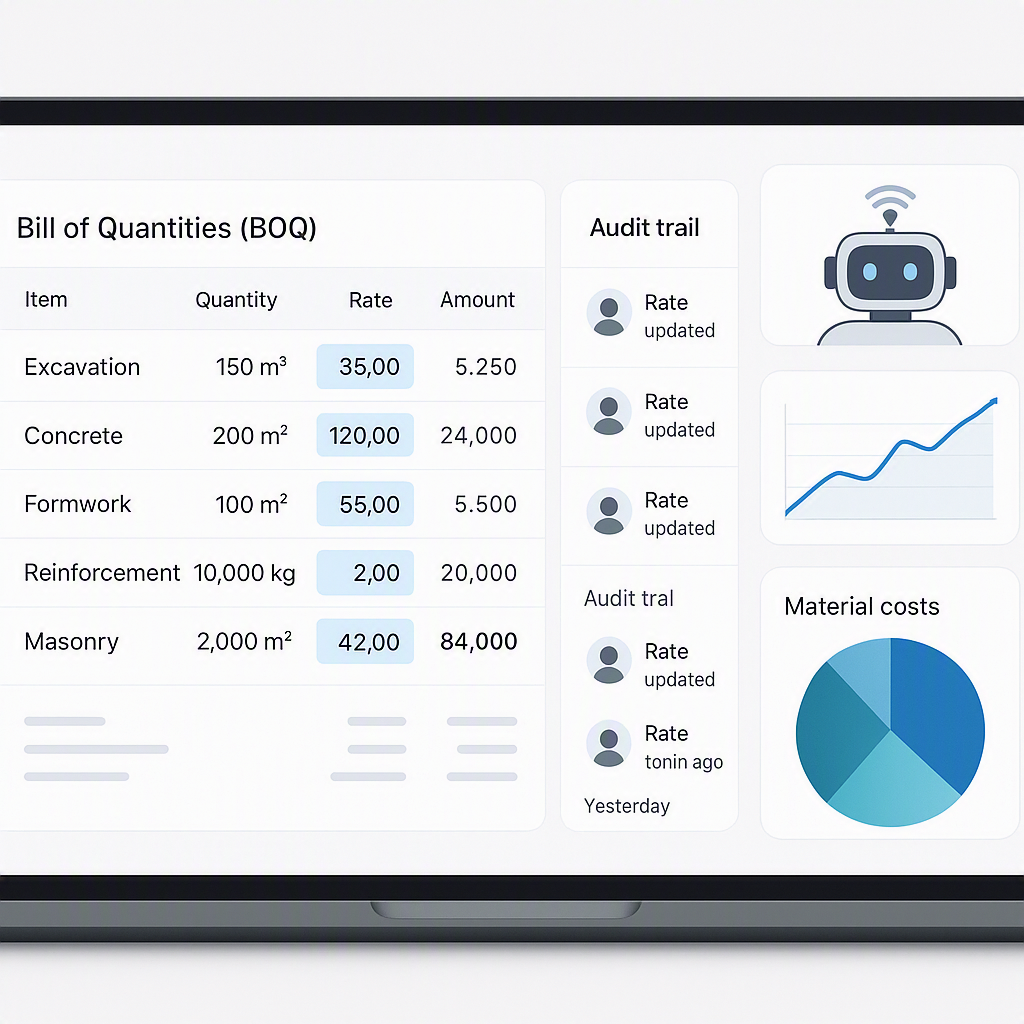 An AI-powered construction estimation tool interface showing real-time BOQ rate updates, with a clear audit trail and ma...