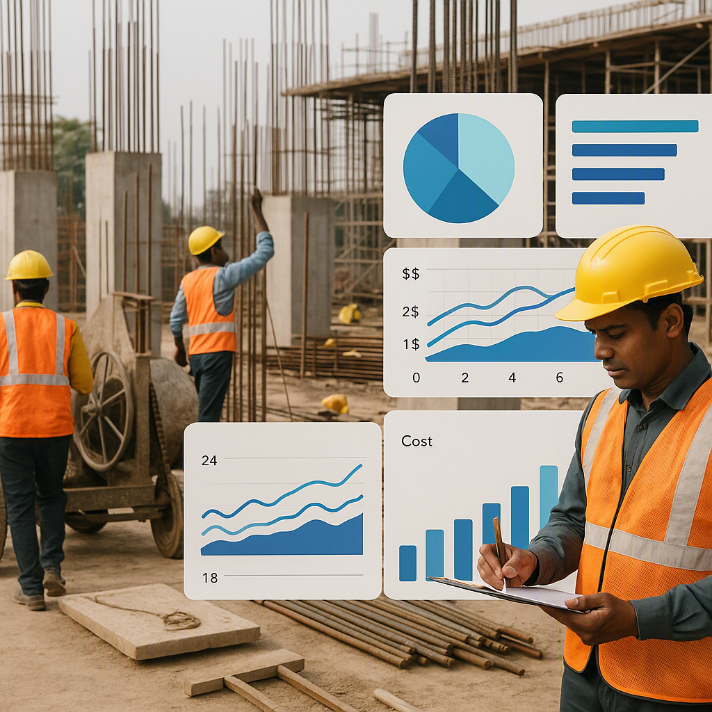 An Indian construction site with workers managing equipment and materials, overlaying charts and dashboards showing cost...