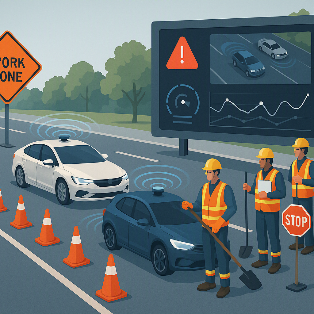 A realistic depiction of a road work zone with construction workers wearing safety gear, autonomous vehicles with sensor...