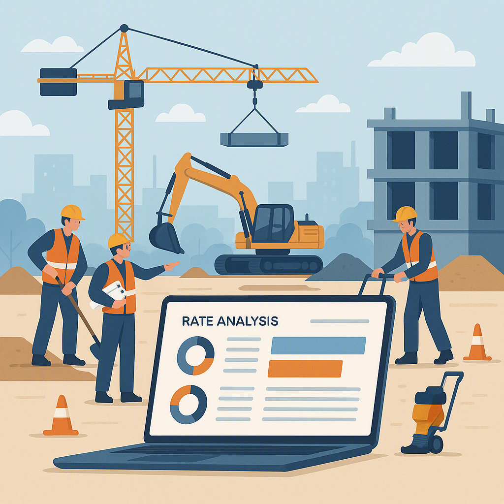A detailed illustration of a construction project site, showing workers, machinery, and a laptop displaying rate analysi...