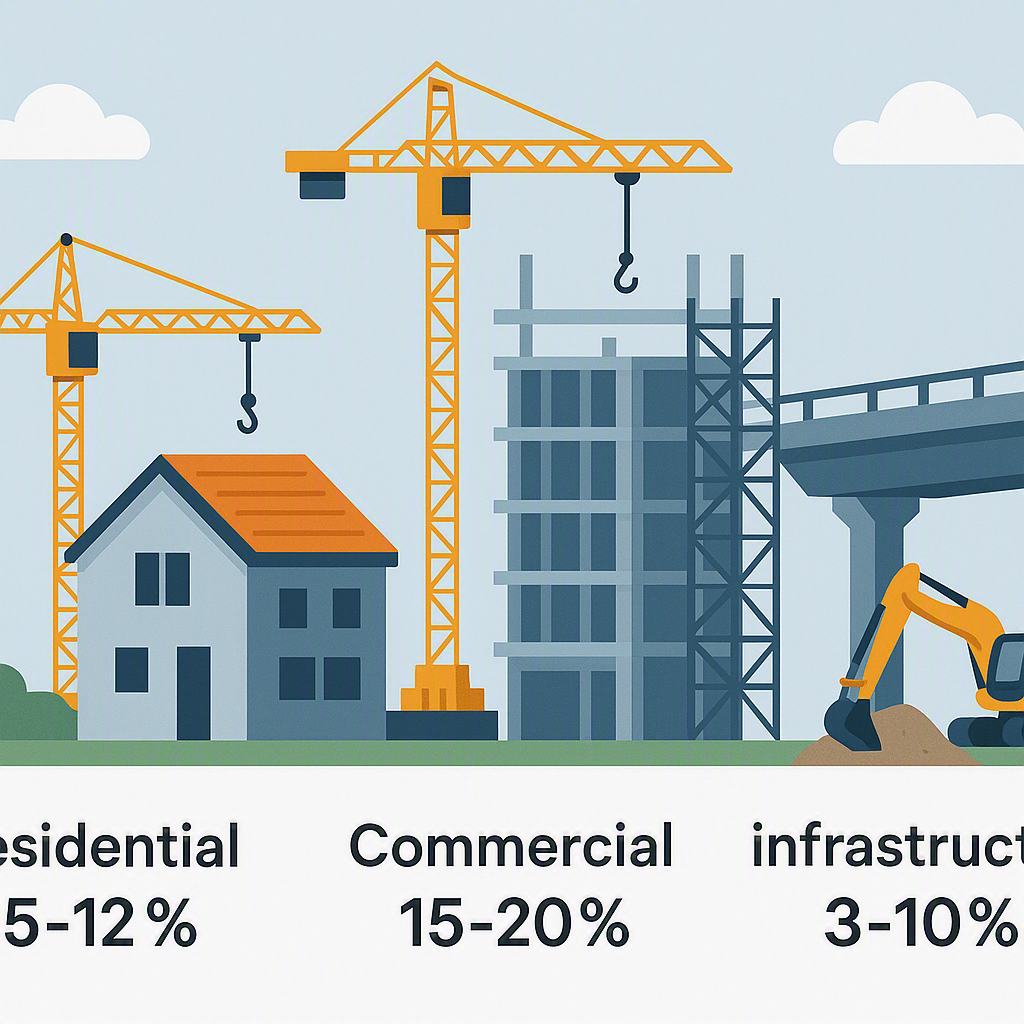 A construction project site showing three types of builds: residential, commercial, and infrastructure, each labeled wit...