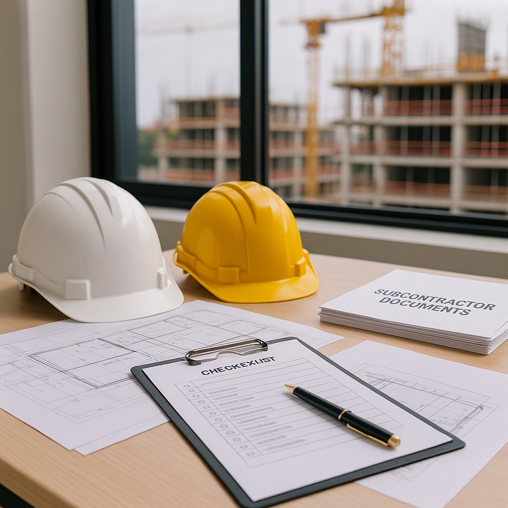 A well-organized construction site with hard hats, blueprints, and a checklist on a desk; subcontractor documents visibl...