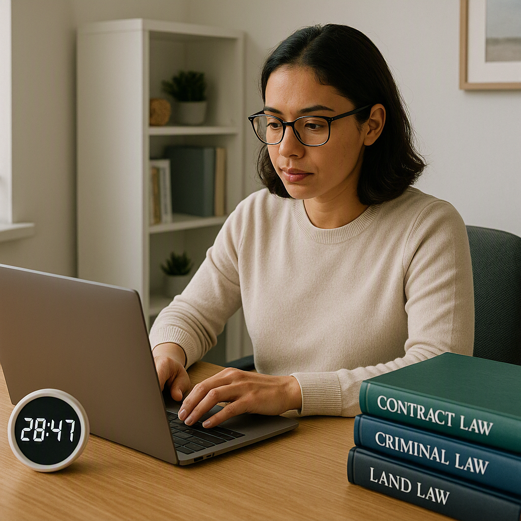 A CILEX member practicing for SQE1 on a laptop, with a timer and legal textbooks visible. The setting is a small home of...