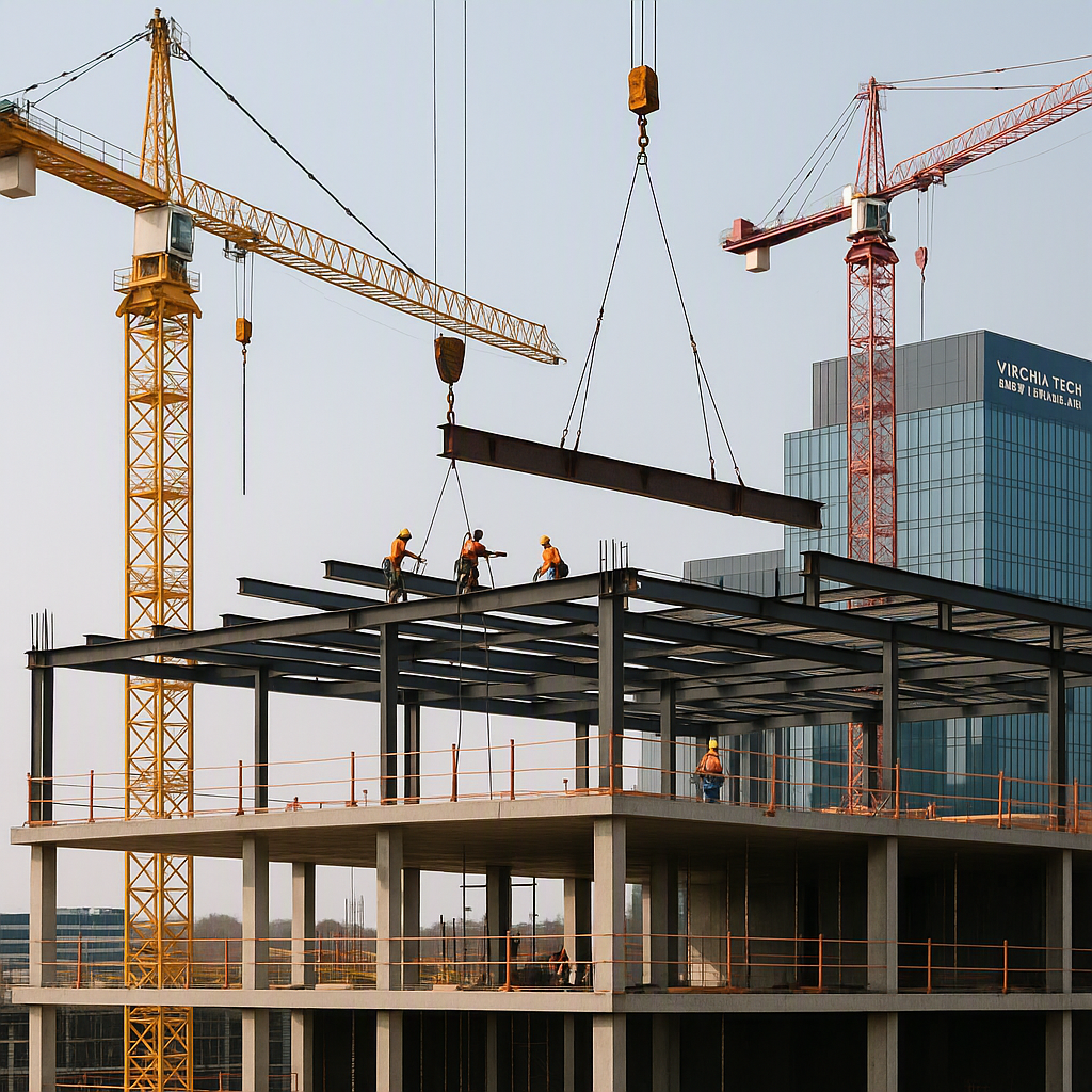 A construction site with a large, modern building in progress, featuring cranes and workers placing steel beams. The Vir...