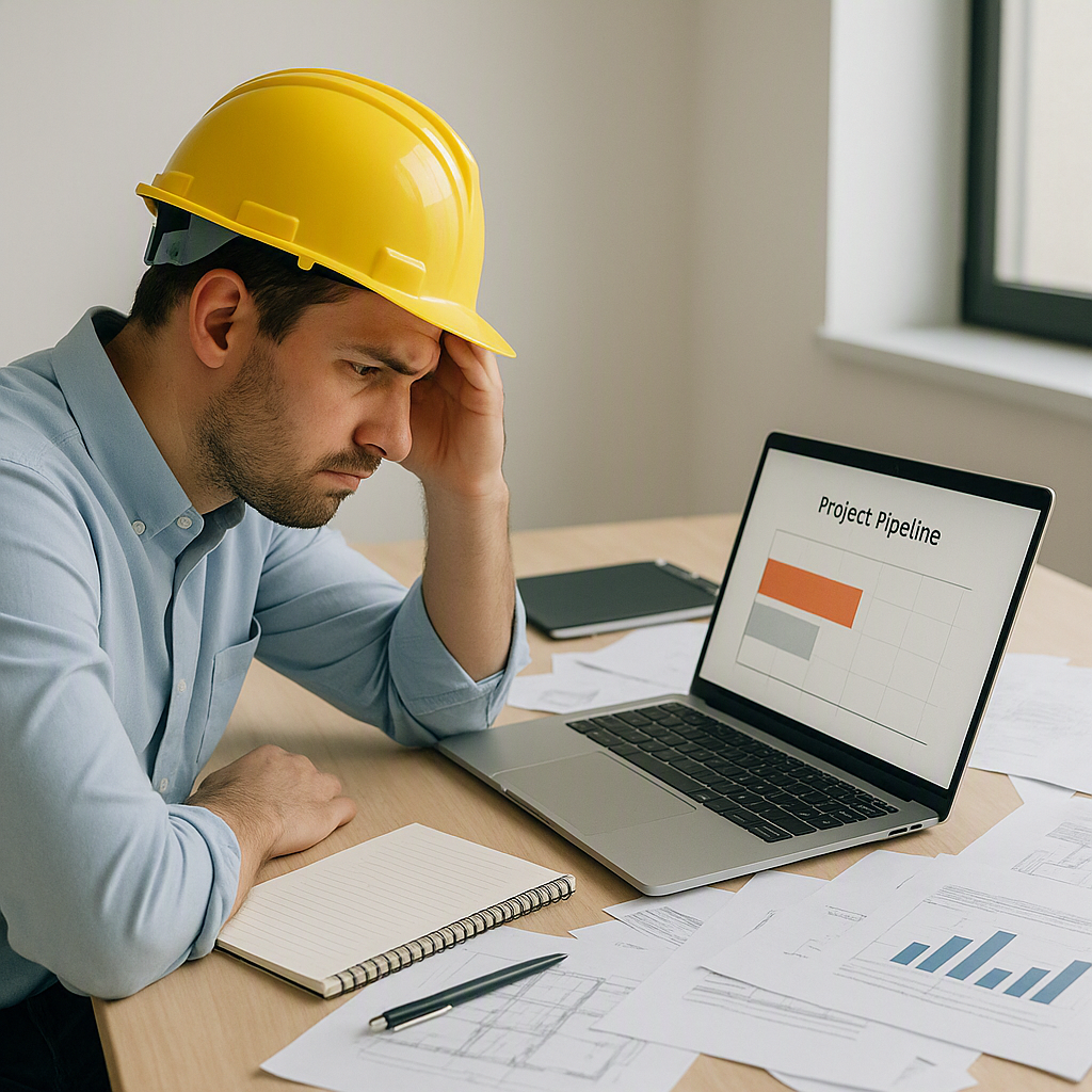 A frustrated construction manager looking at a laptop with a half-empty project pipeline graph on the screen, surrounded...