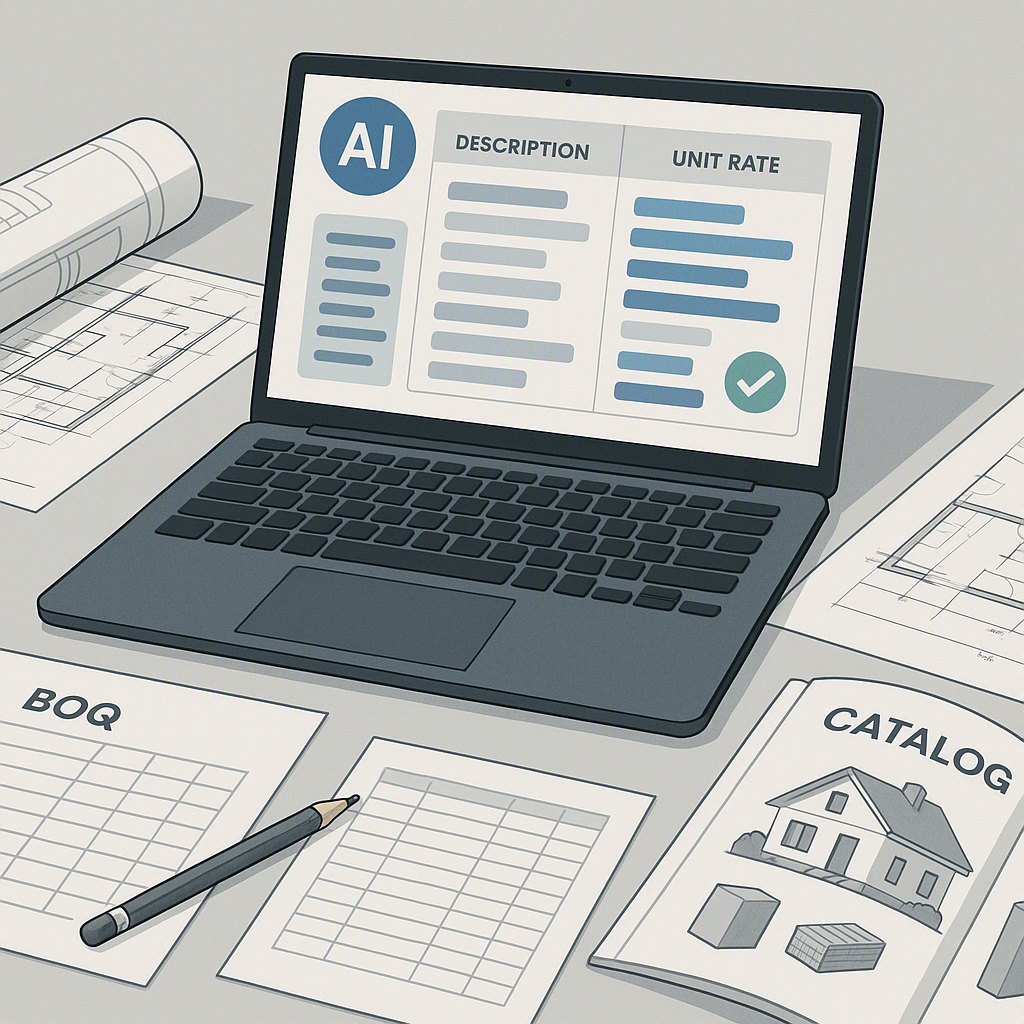 A detailed illustration of an estimator’s desk with a laptop showing AI-powered rate matching software, surrounded by co...