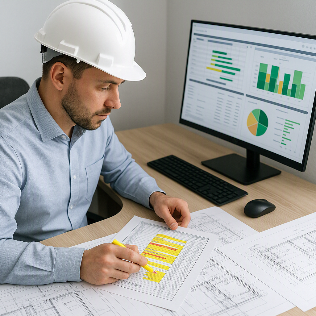 A construction estimator at their desk, reviewing a takeoff sheet with highlighted discrepancies, surrounded by drawings...