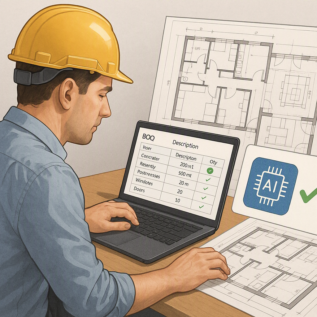 A realistic illustration of a construction estimator using AI software to validate a BOQ against a blueprint. Include a...