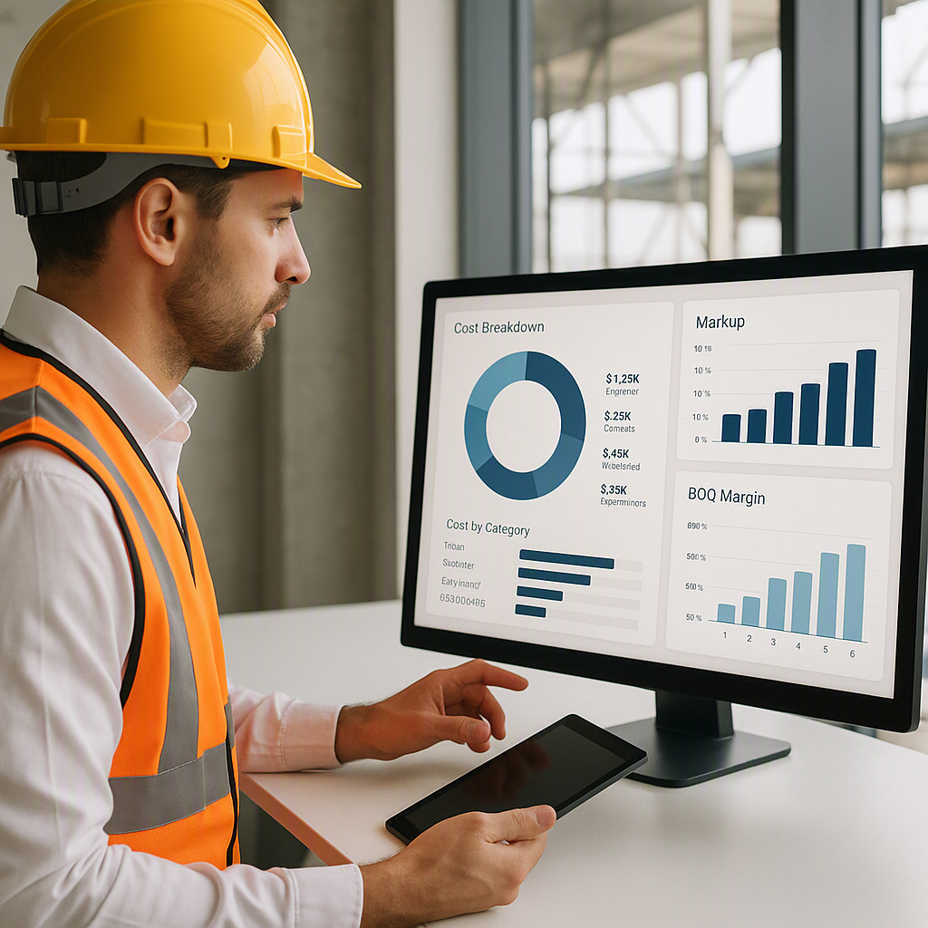 A construction project manager reviewing a digital dashboard showing cost breakdowns, markup percentages, and BOQ margin...