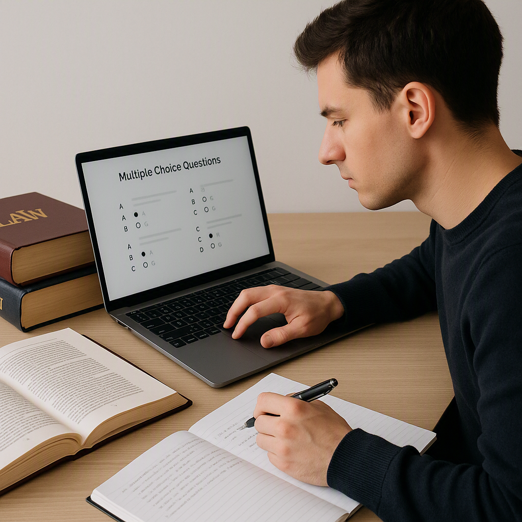 A focused student at a desk, reviewing multiple-choice questions on a laptop, with legal textbooks and notes scattered a...
