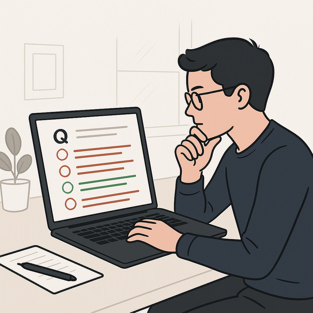 A detailed illustration of a student analyzing an SQE1 multiple-choice question on a laptop, with distractor answers hig...