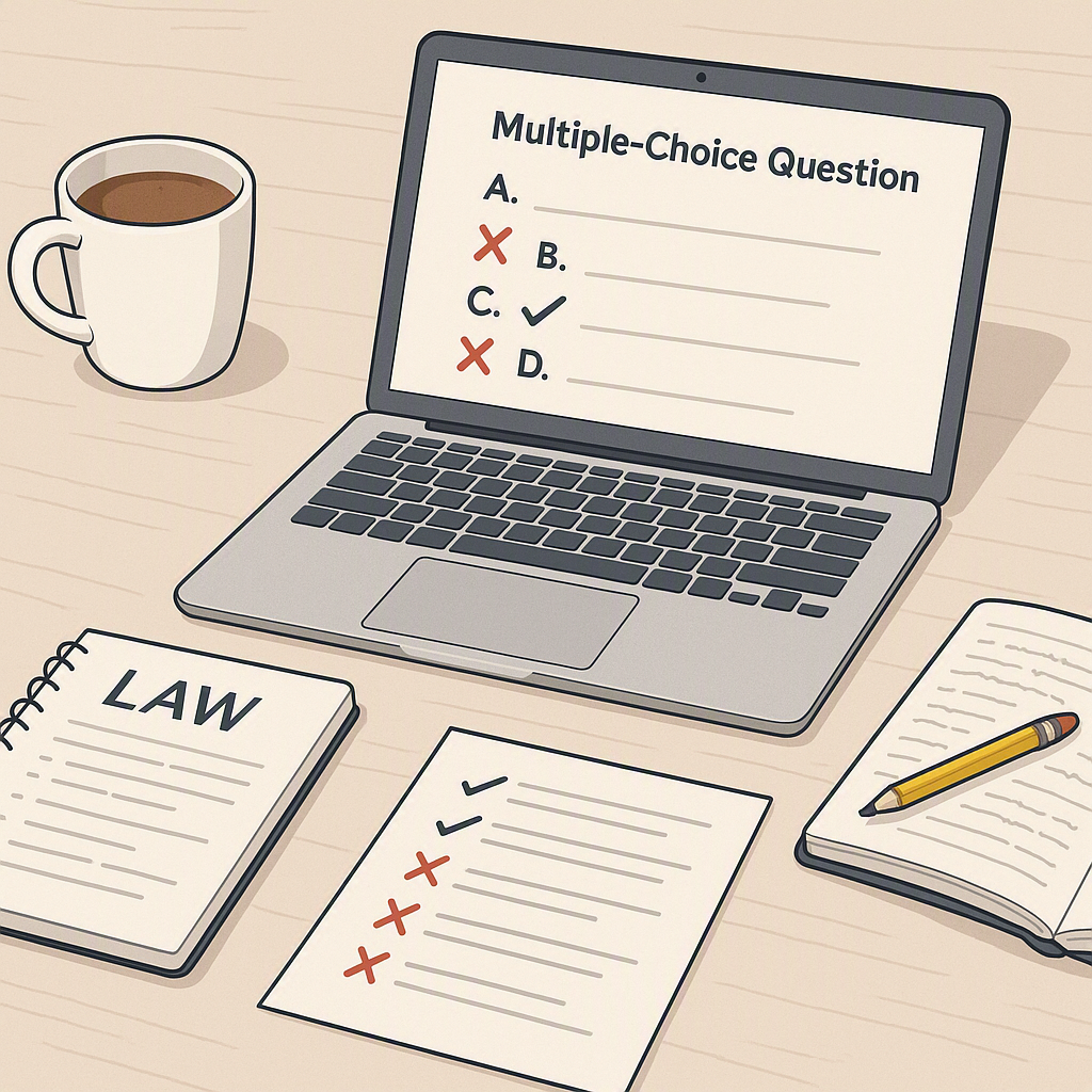 A detailed illustration of a desk with study material for law exams, including a laptop showing a multiple-choice questi...