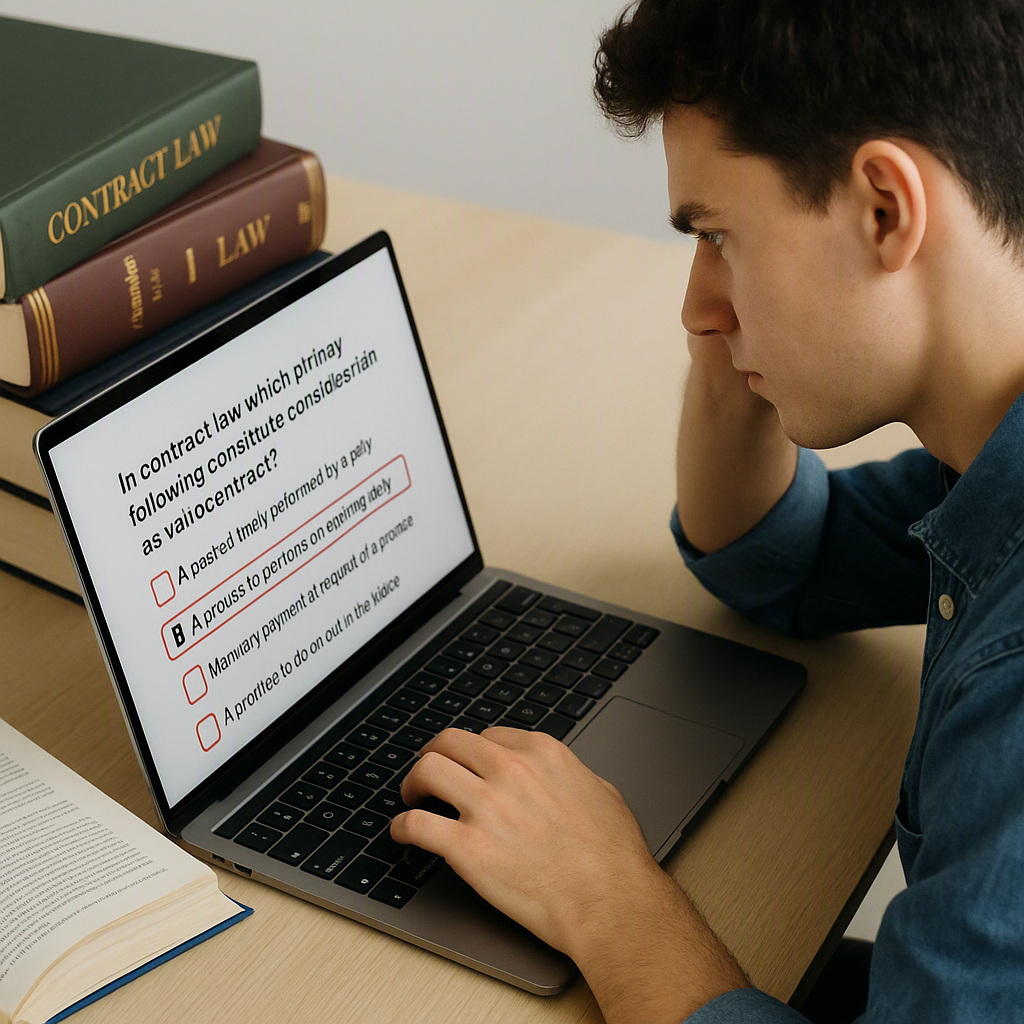 A detailed image of a student intensely working on a laptop, surrounded by legal textbooks, with a focus on a mock SQE1...