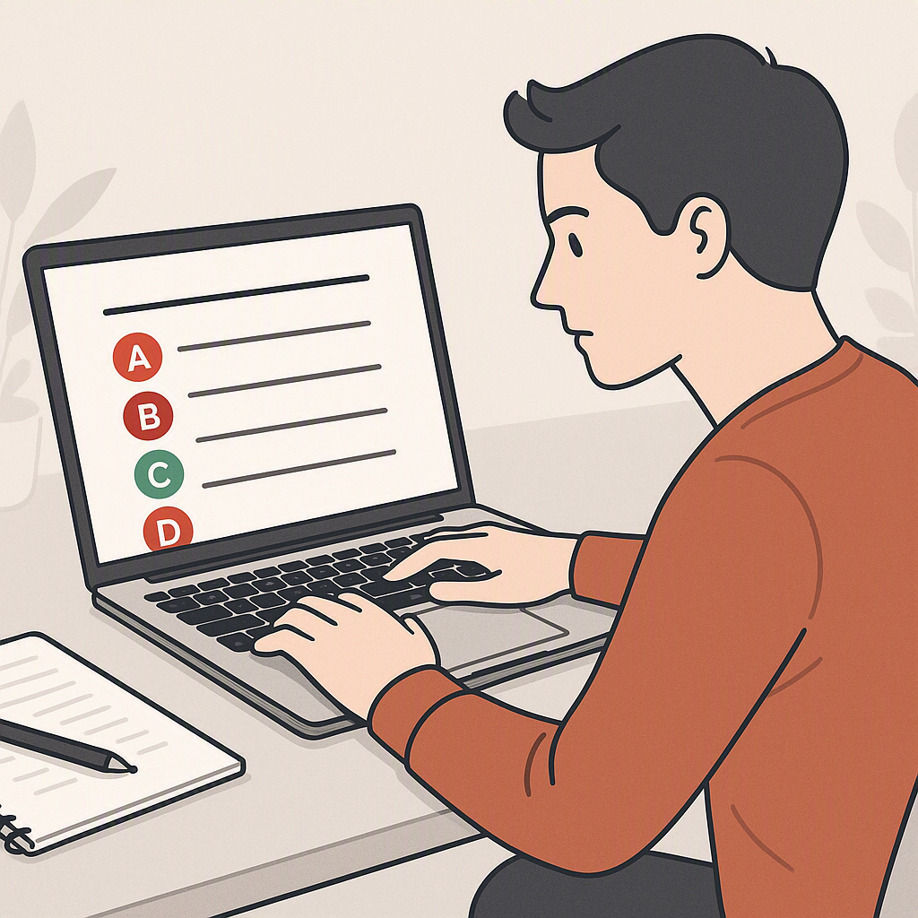 A detailed illustration of a student reviewing SQE1-style multiple-choice questions on a laptop, with distractors highli...