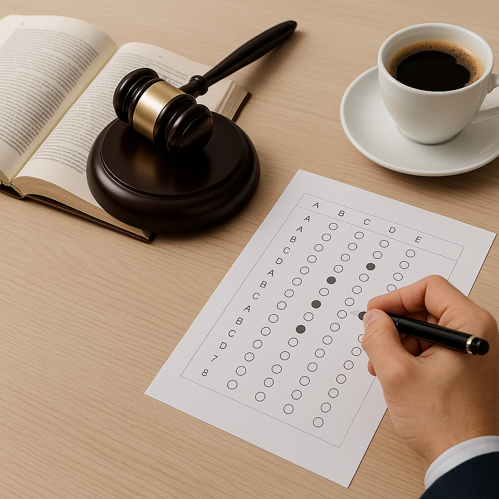 A visually engaging image of a legal-themed desk: open law book, a gavel, a cup of coffee, and someone marking answers o...