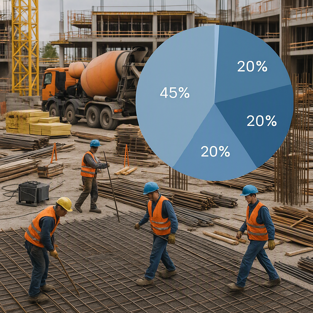 A construction site with workers, materials, and equipment, overlaid by a transparent chart showing cost breakdowns for...