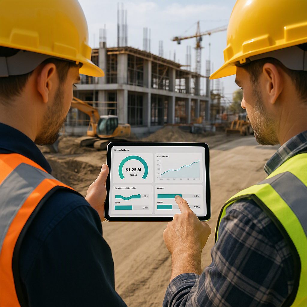 A construction site with workers reviewing a digital dashboard on a tablet, showing real-time project cost tracking and...