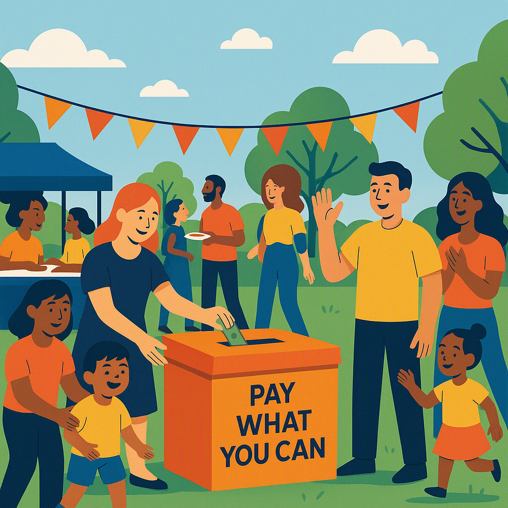 A vibrant illustration of a small community event with a diverse crowd, a donation box labeled 'Pay What You Can', and a...