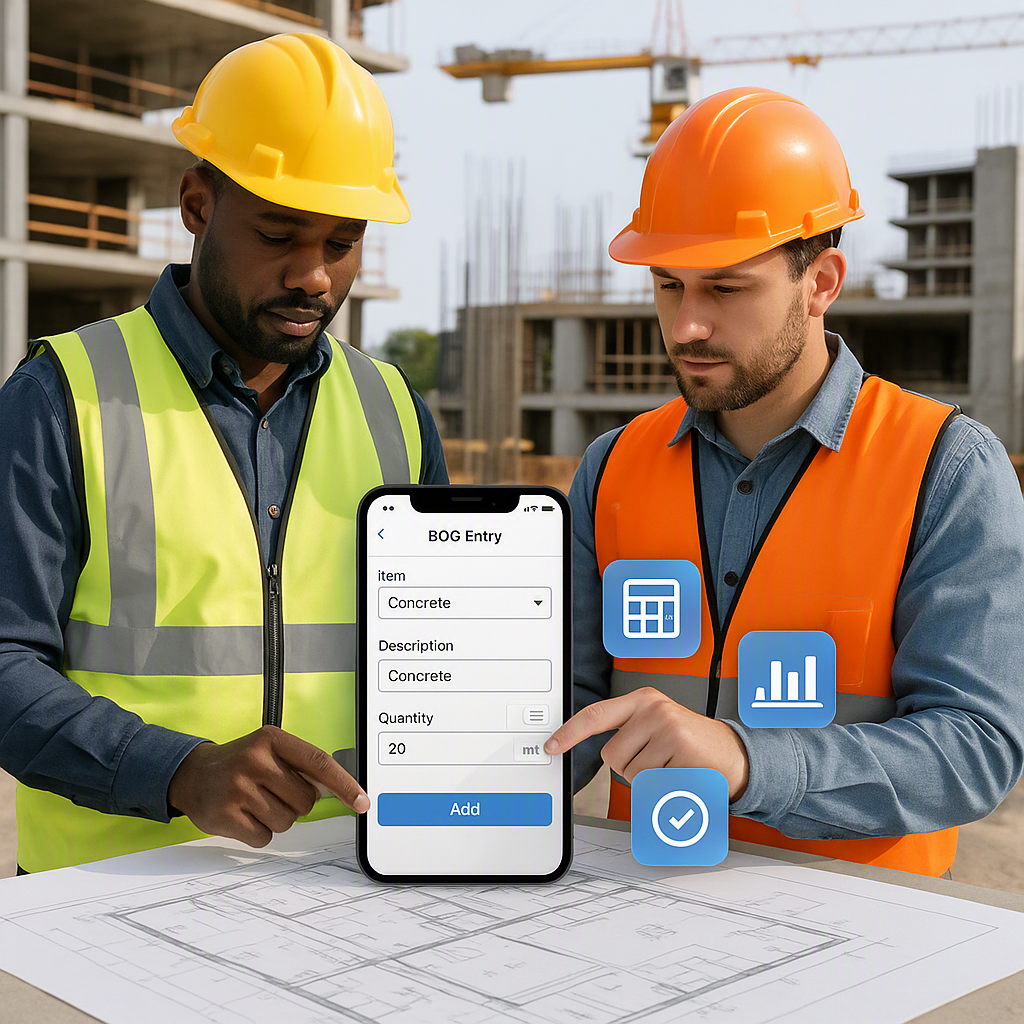 A construction site with workers using a mobile app on-site for real-time BOQ entry, showing digital tools overlayed on...