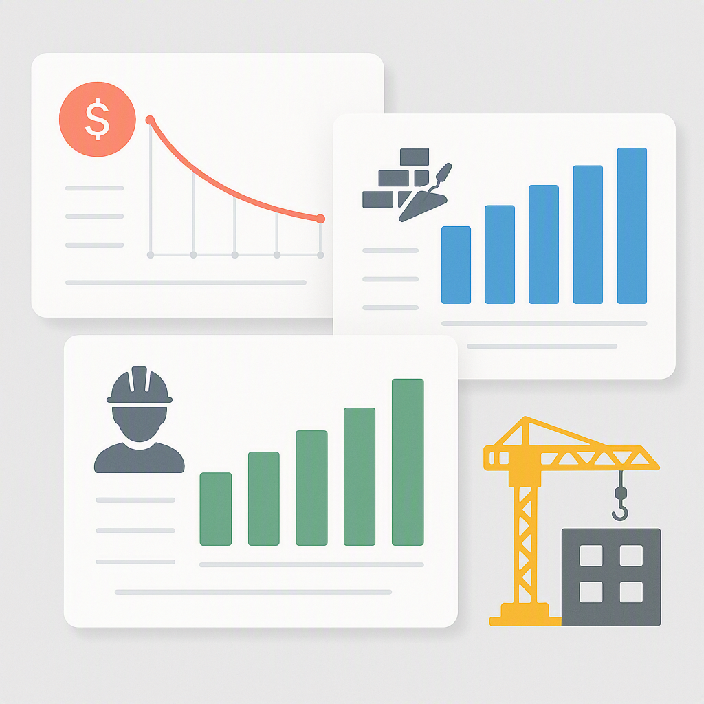 An illustration of overlapping construction project dashboards with graphs showing cost overruns, material requisitions,...