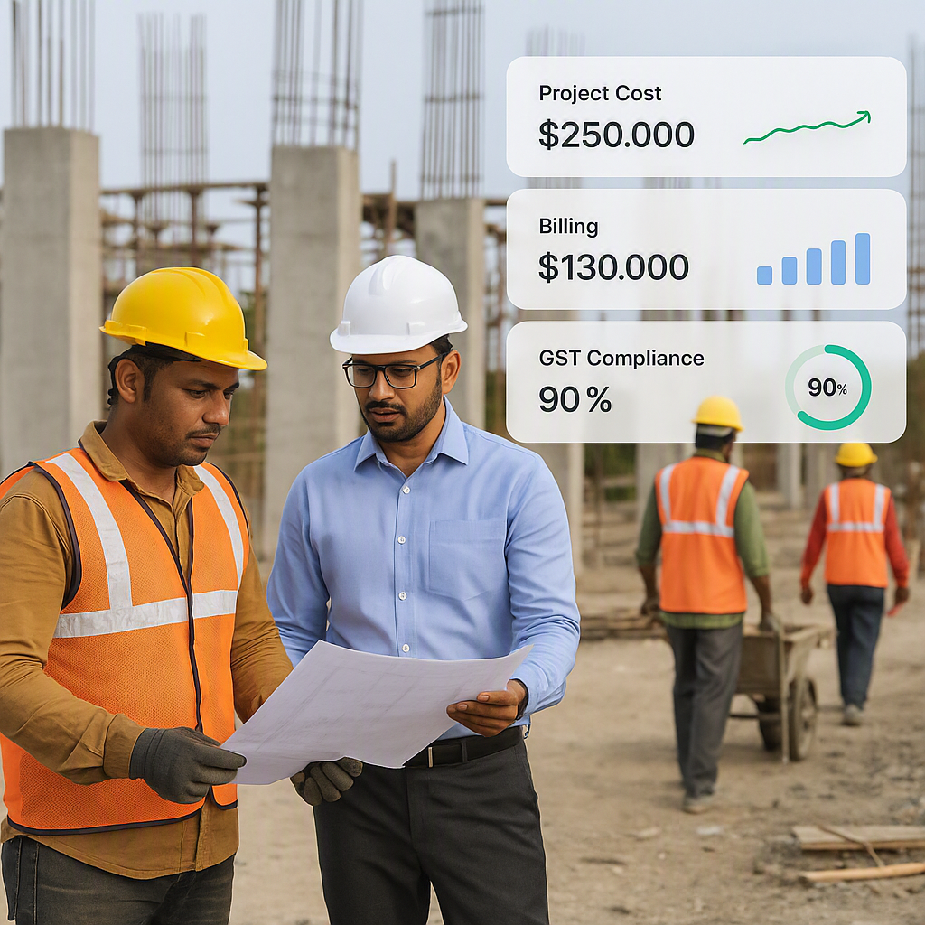 An Indian construction site with workers, engineers, and a digital dashboard superimposed showing project cost, billing,...