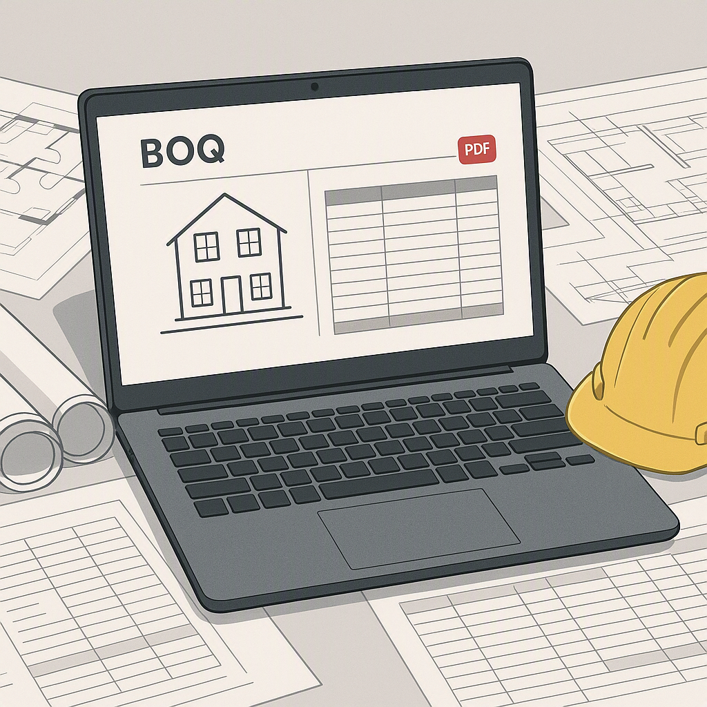 A detailed illustration showing a laptop screen with a residential building BOQ open in PDF format, surrounded by constr...