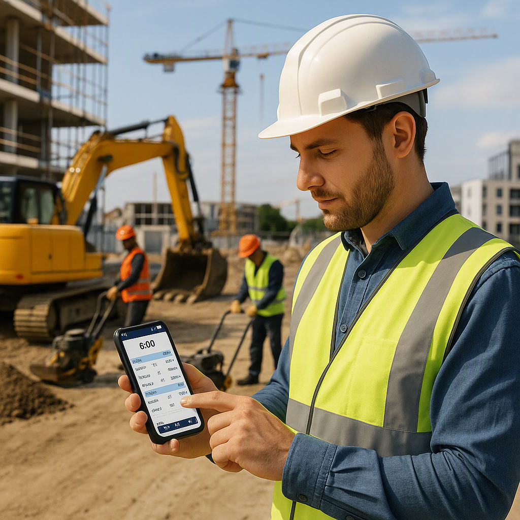 A realistic illustration of a construction site with a foreman using a mobile app to create a BOQ on-site. The backgroun...