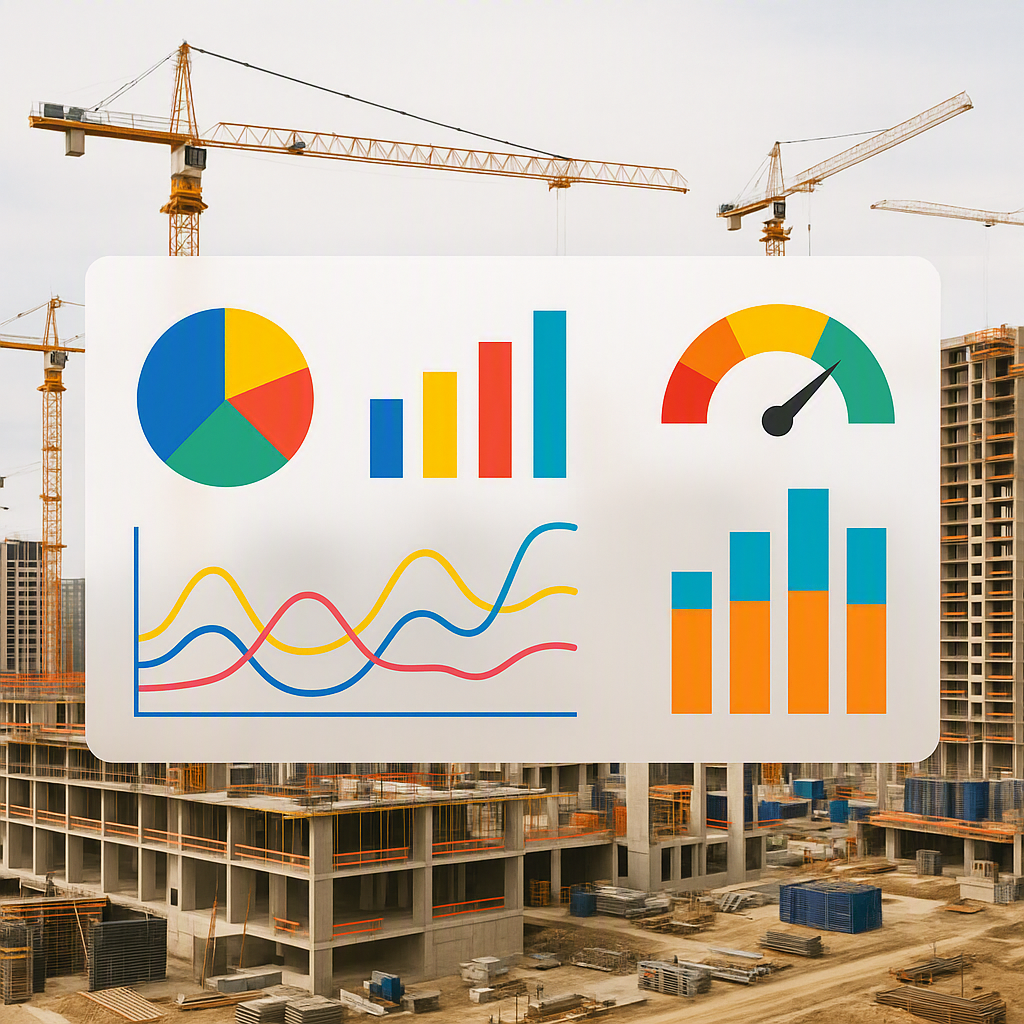 A construction site with multiple projects in the background, overlaid with data analytics charts and graphs in vivid co...