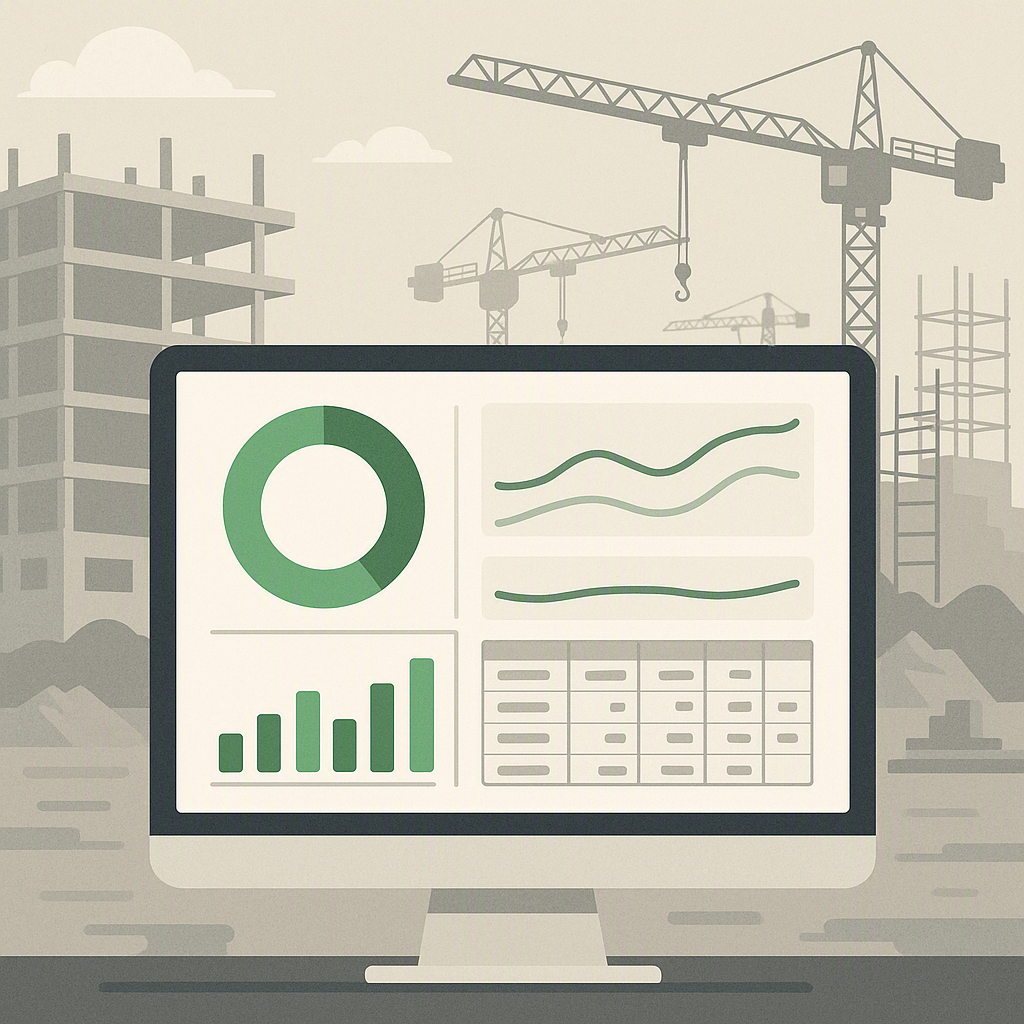 An illustration of a construction project dashboard on a computer screen, showing real-time cost tracking insights with...