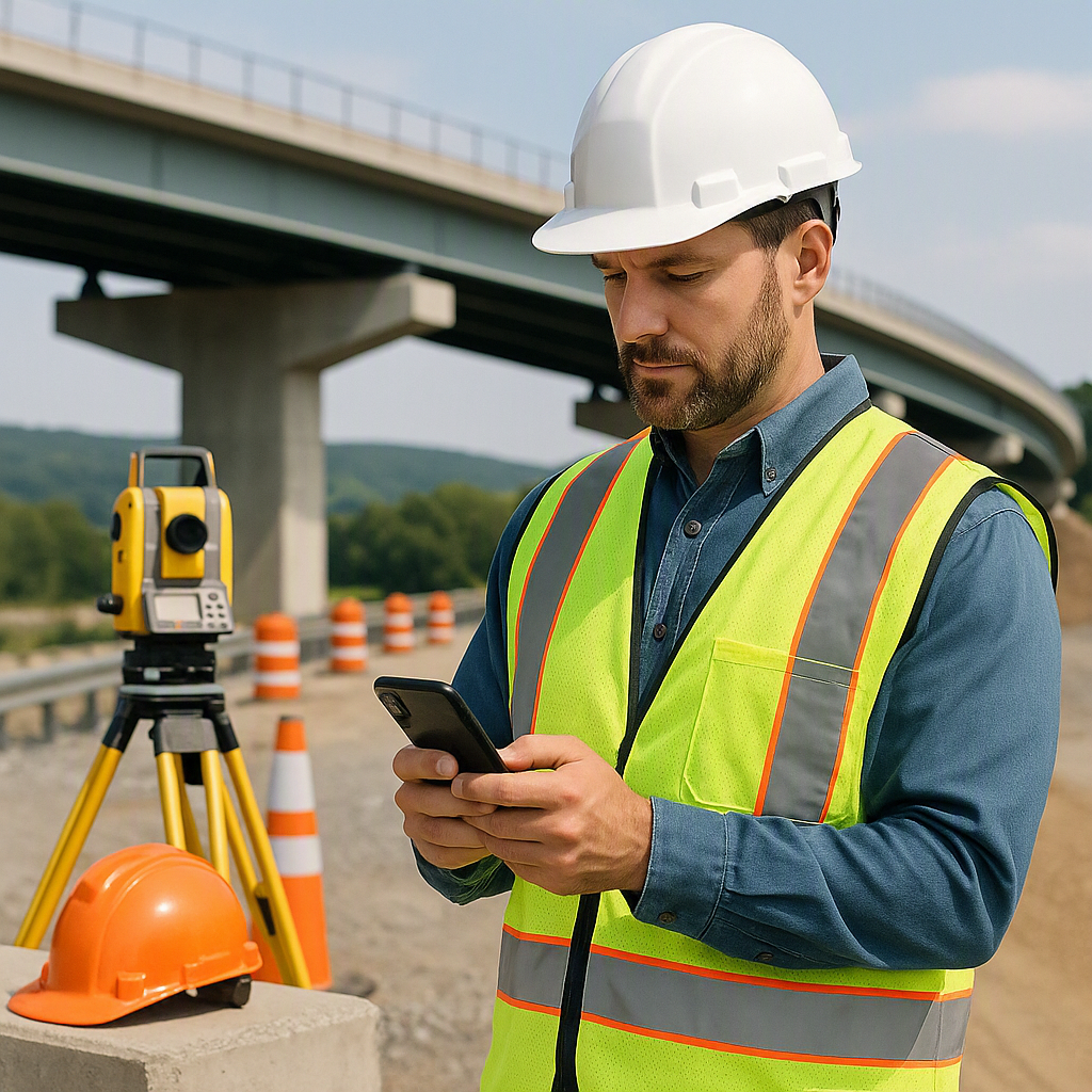 A construction supervisor using a mobile app on-site at a Pennsylvania bridge project, surrounded by safety equipment an...