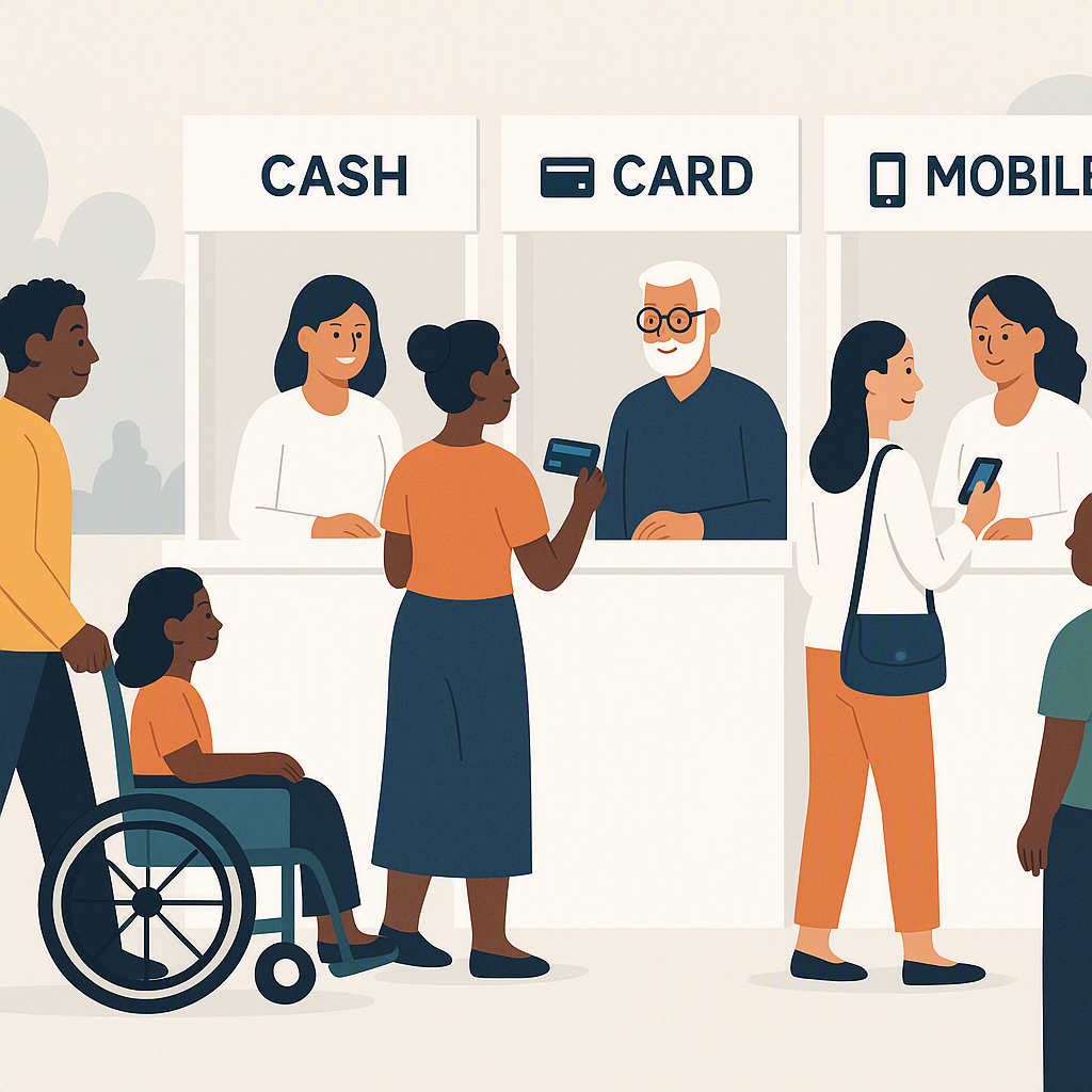 An illustration of a community event with diverse attendees at ticket counters choosing different payment options, showc...
