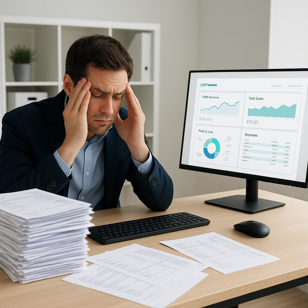 A frustrated project manager at a desk surrounded by stacks of disorganized invoices and spreadsheets, contrasted with a...