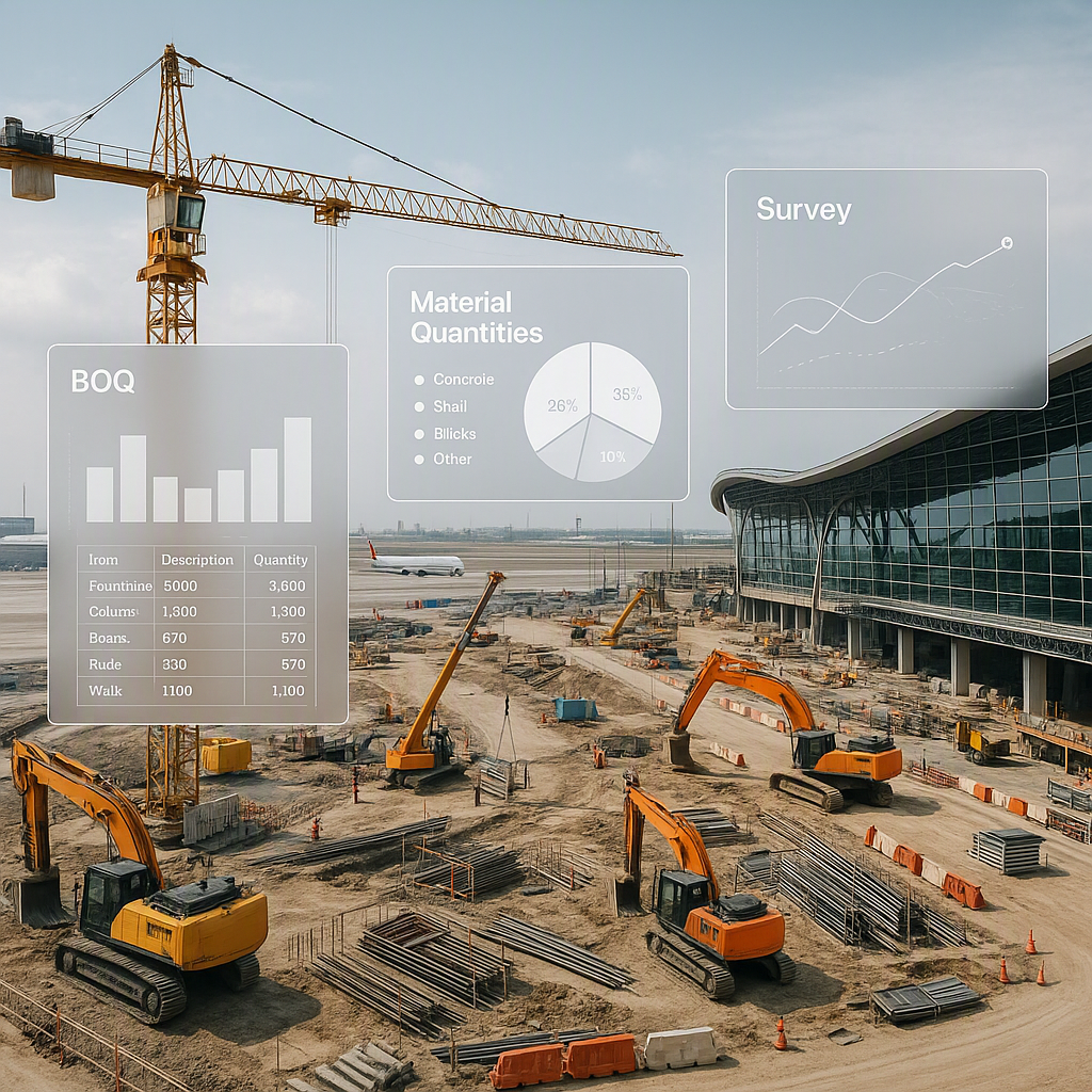 A busy airport construction site with visible digital overlay screens showing BOQ data, material quantities, and survey...