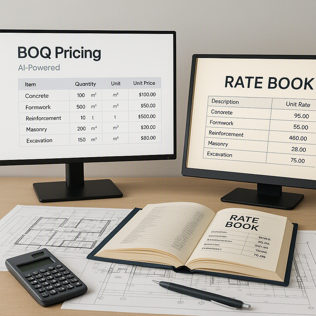 A detailed image of a construction estimator's desk with two screens: one showing a BOQ pricing interface powered by AI,...