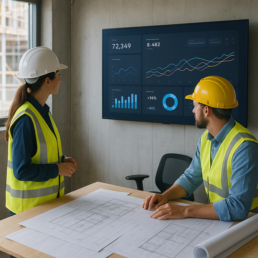 A clean, modern real-time dashboard on a large screen in a construction site office, with workers in safety gear and blu...