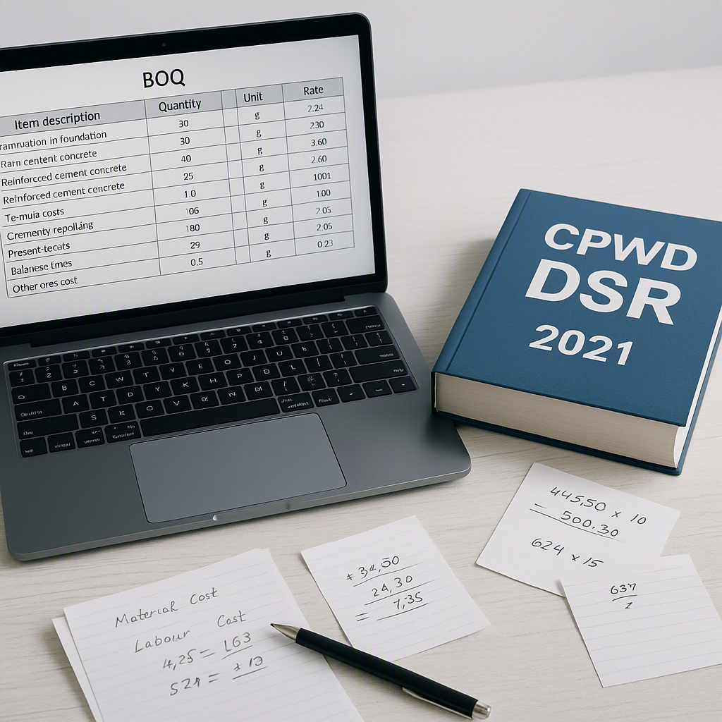 A construction estimator’s desk with a laptop displaying a BOQ, a printed CPWD DSR rate book, and scattered notes, symbo...