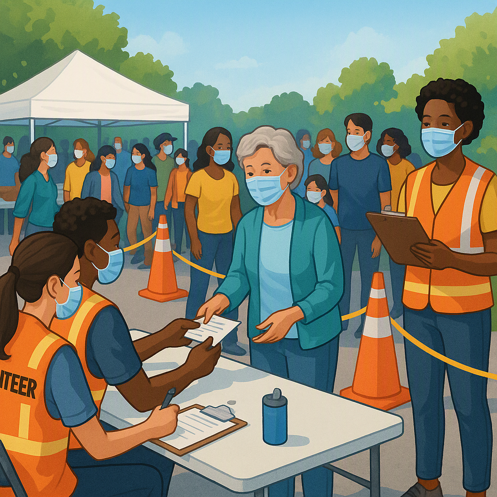 A realistic illustration of a community group organizing an event with volunteers at a check-in table, a crowd gathering...