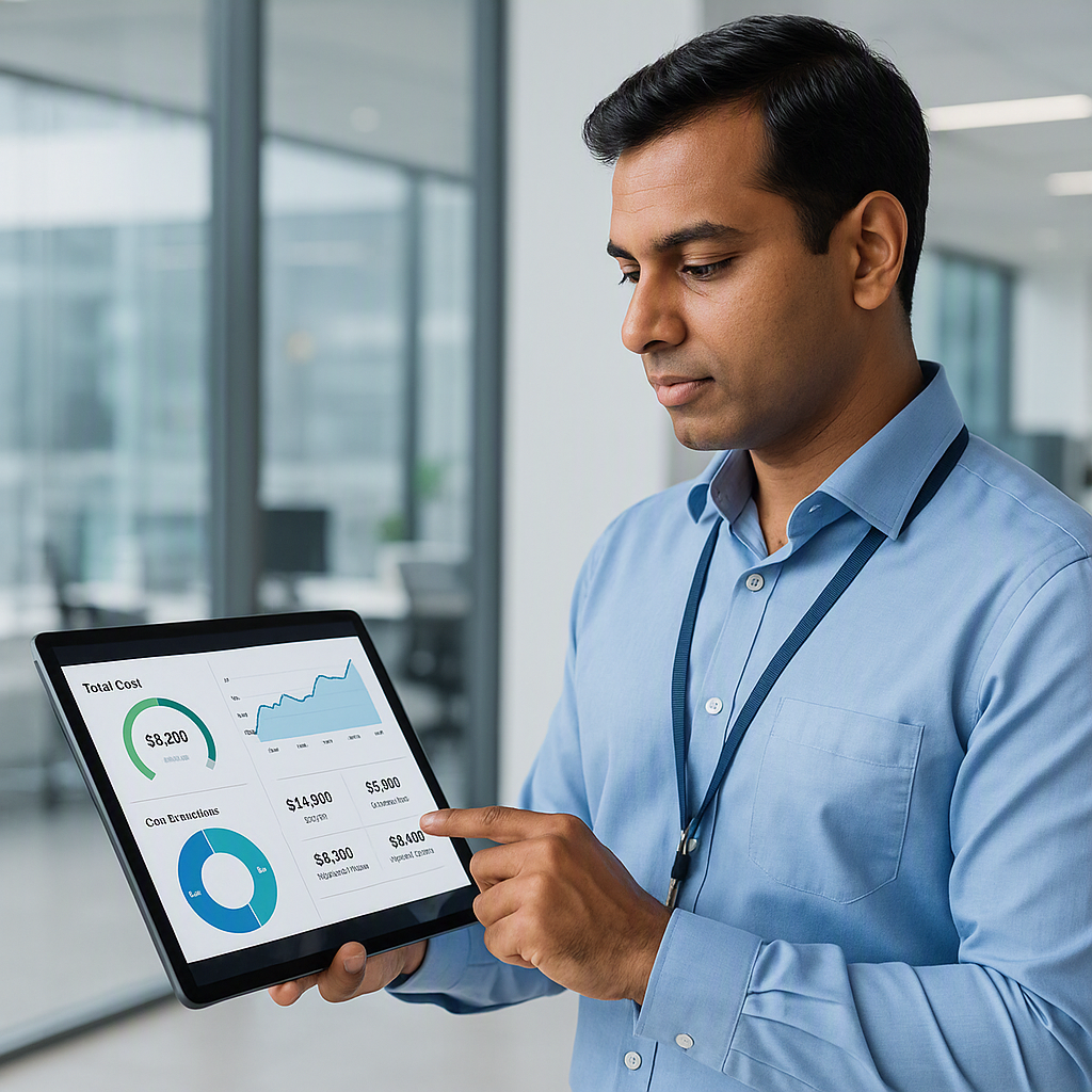 An Indian facilities manager reviewing a digital dashboard on a tablet, with charts and metrics showing real-time projec...