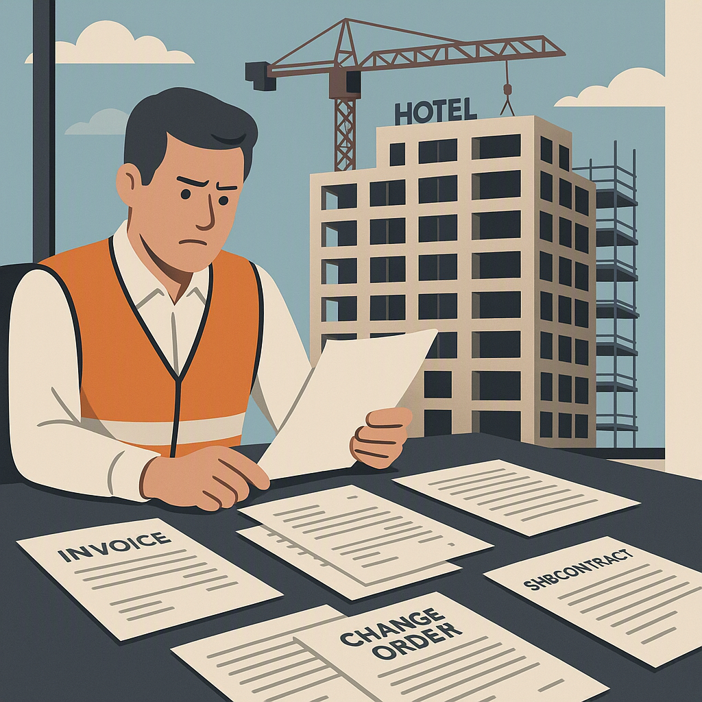 A stylized construction dispute scene: a contractor reviewing a cluttered desk with invoices, change orders, and subcont...