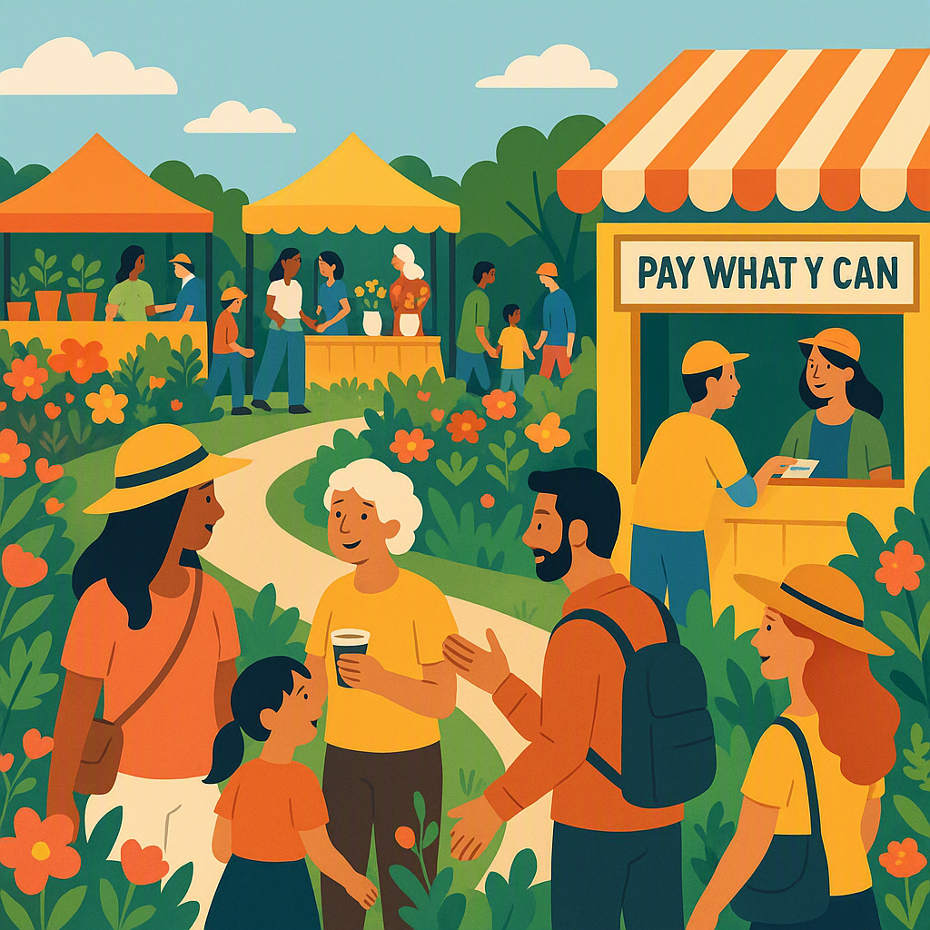 A vibrant garden festival scene with people of all ages enjoying the event. Booths, flowers, and a ticket booth showing...