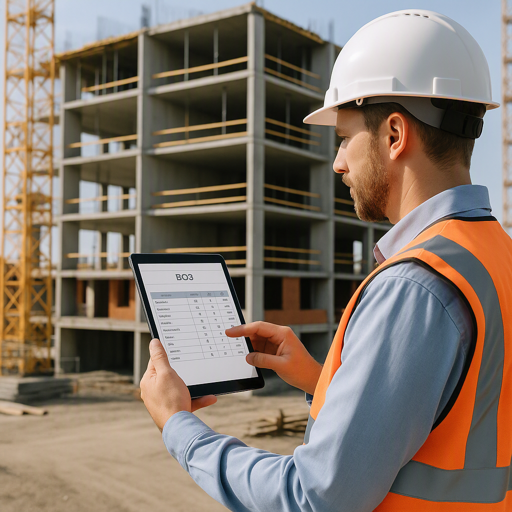 A construction site with a contractor holding a tablet, displaying a digital BOQ (Bill of Quantities) interface, with a...