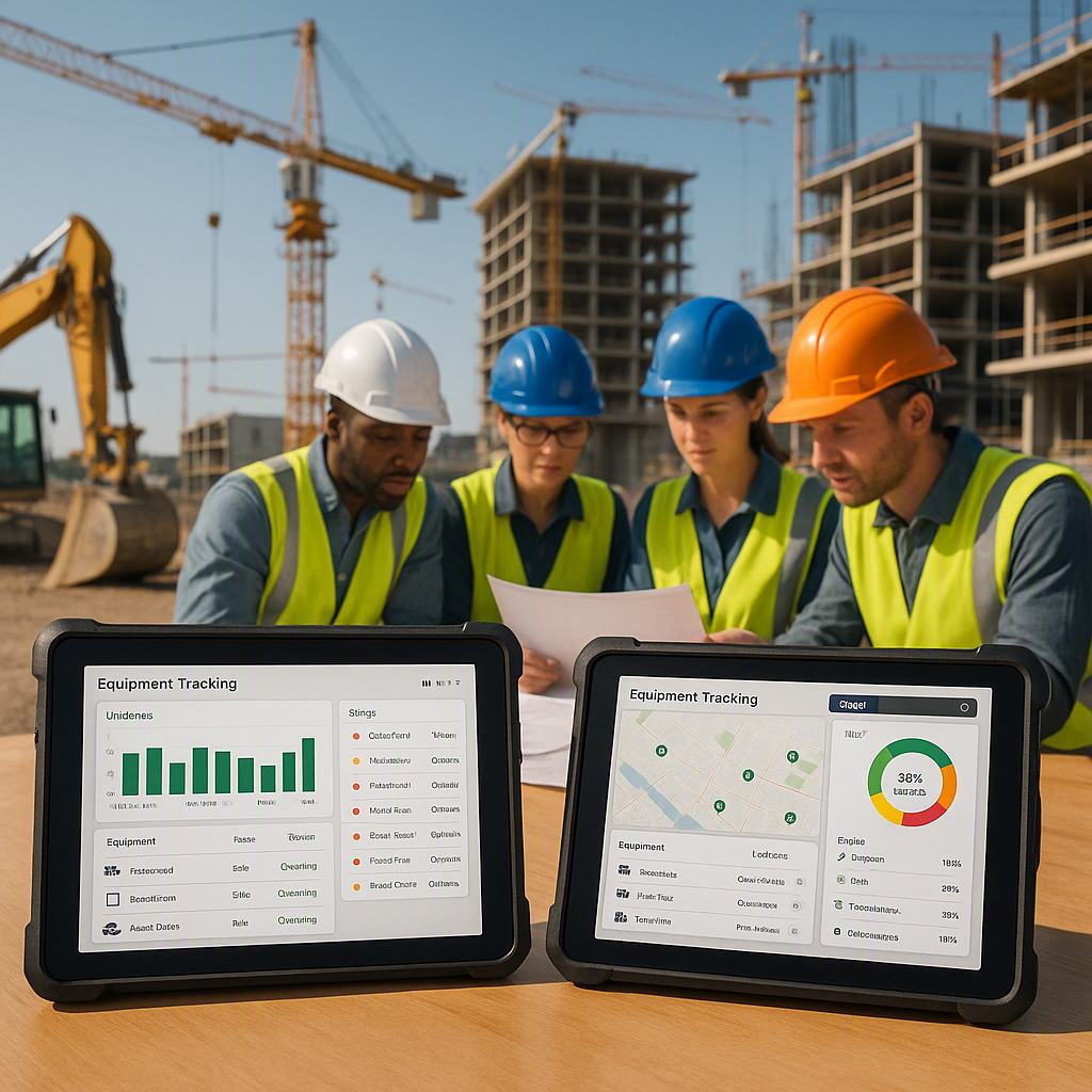 A construction site with multiple projects visible in the background, equipment tracking dashboards displayed on tablets...