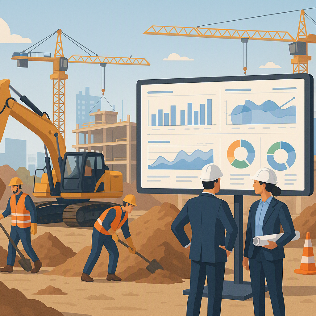 A detailed construction site with workers, excavators, and project managers reviewing a digital dashboard on a large scr...
