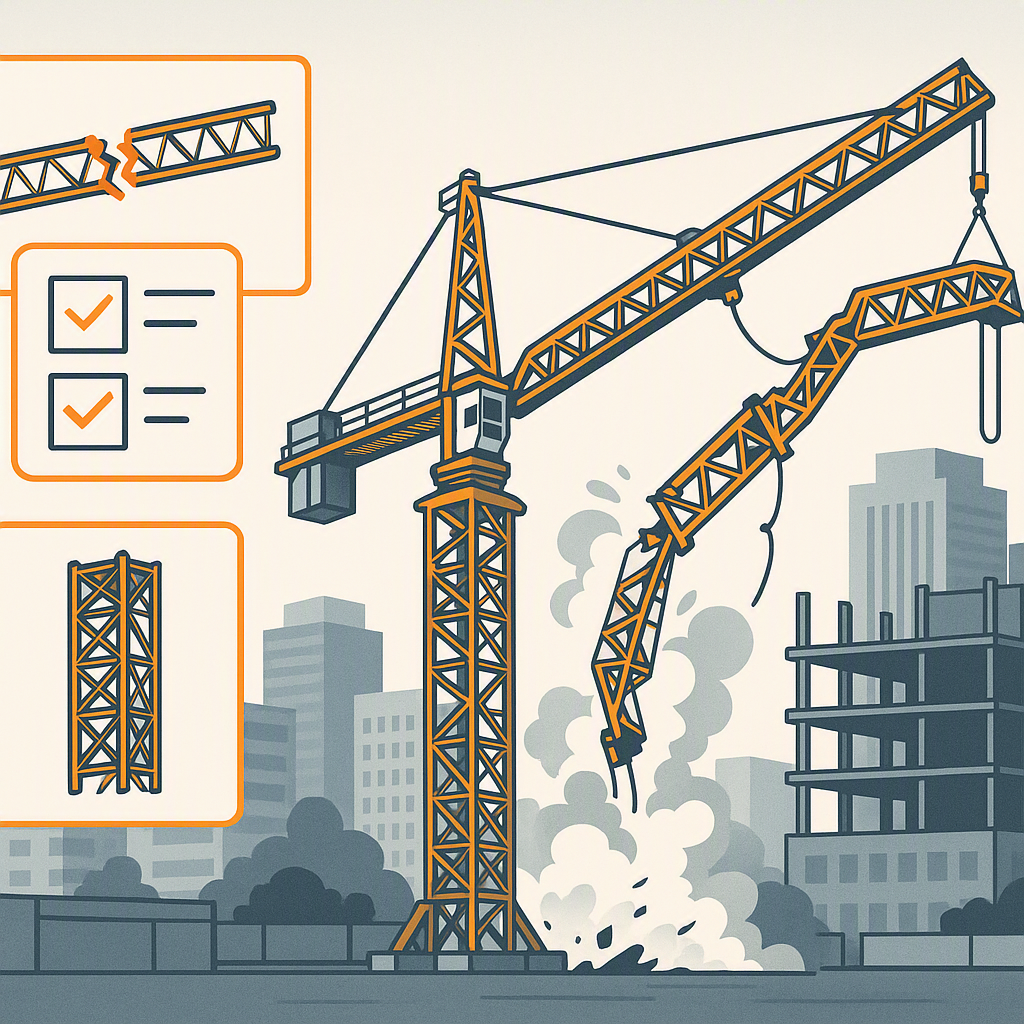 A detailed illustration of a construction crane collapsing in a cityscape, with highlighted structural diagrams and safe...