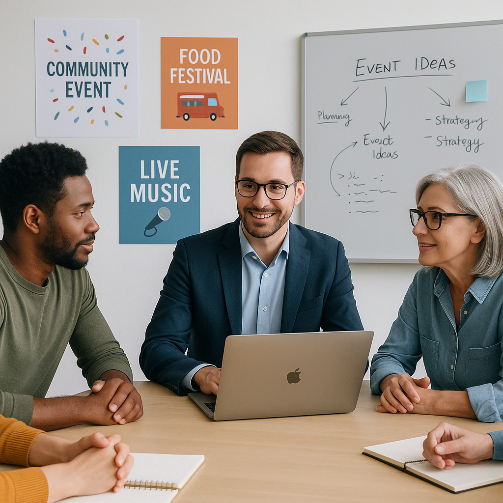 A community group meeting with a professional business development manager, discussing event strategies on a laptop, sur...